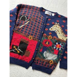 Signatures by Northern Isles Womens M Wool Cardigan Horse equestrian sweater 90s